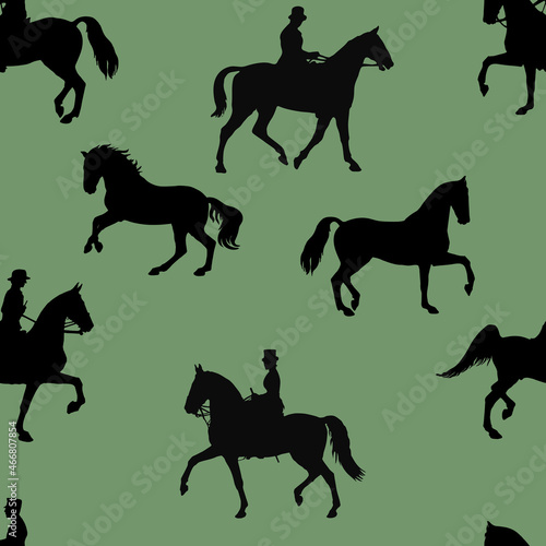 seamless background  pattern for decoration  equestrian sports  black silhouettes of racing sports horses and riders isolated on a white background