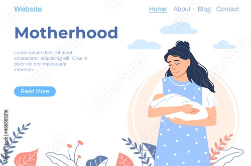 Motherhood landing page. Young Caucasian woman holding her newborn sleeping baby with blanket. Flat beautiful mother. Homepage layout web design. Parenthood website template vector illustration.