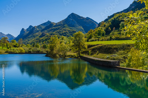 Autumn landscape in the town of Valle de Lago in Somiedo, Asturias. Spain 
