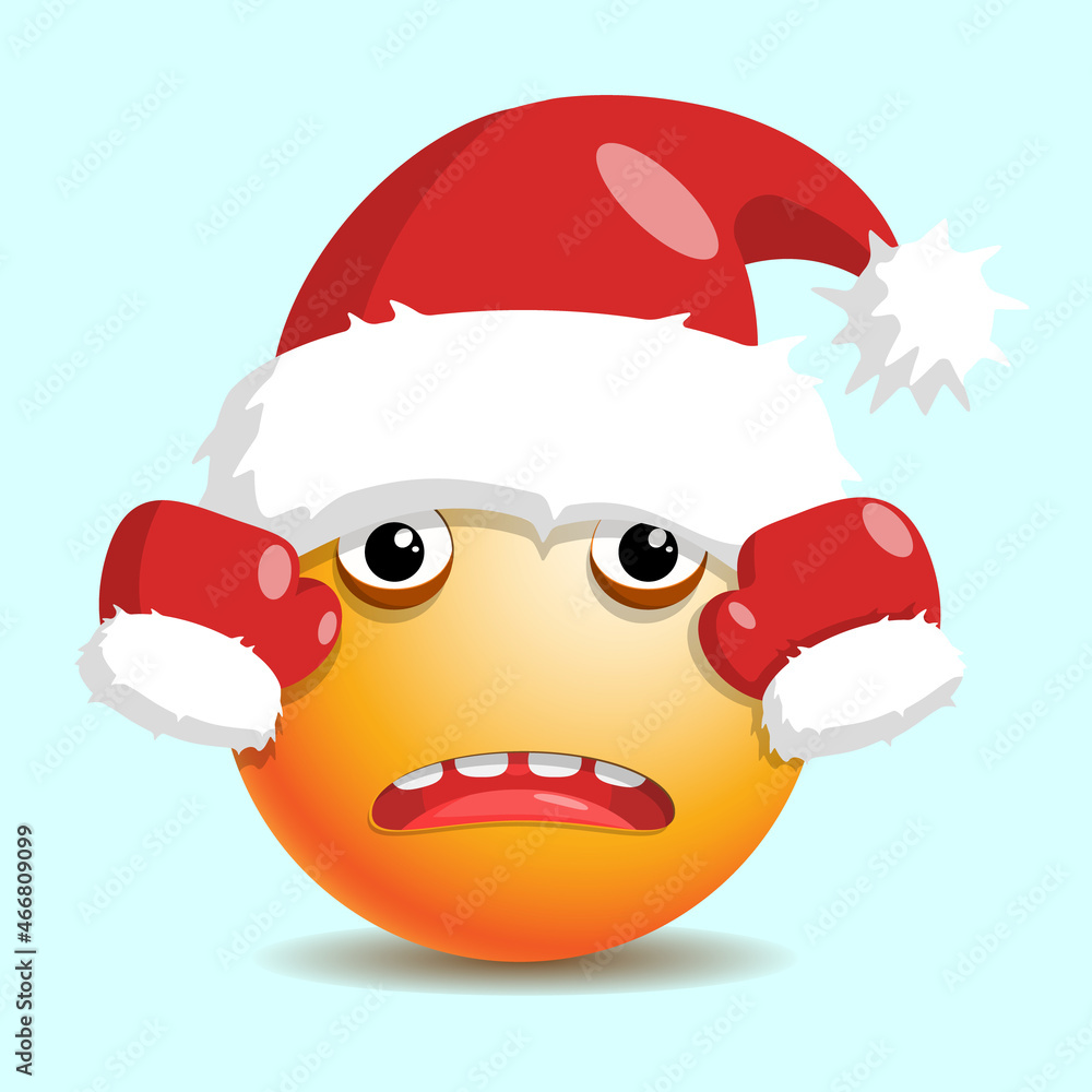 New year sad emoji holding red santa hat. New year sad emoji holding red santa hat.