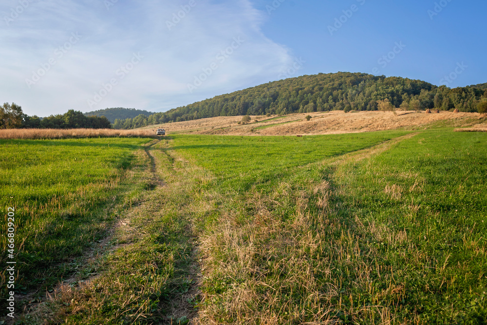 A country road leads through a wheat field in the mountains, an old car is far on the horizon. Gorgeous landscape, beauty of nature, outdoor