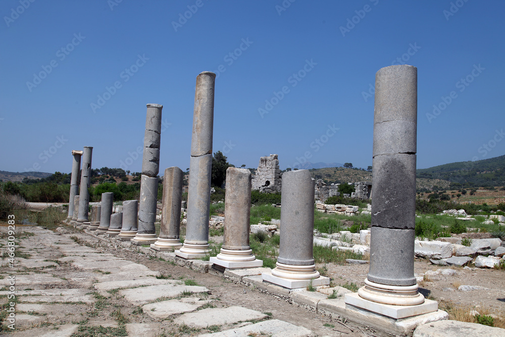 Colonnade street and ruins in Patara, Antalya, Turkey. Patara was a flourishing maritime and commercial city.