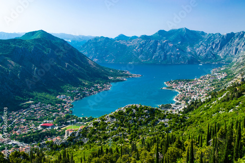 Beautiful top view to Boka Kotorska Bay and and the surrounding mountains. Adriatic Sea. Dalmatia. Balkan. Montenegro.