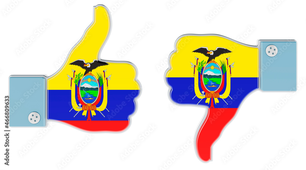 Ecuadorian flag painted on the hand with thumb up and thumb down. Like and dislike in Ecuador, concept. 3D rendering