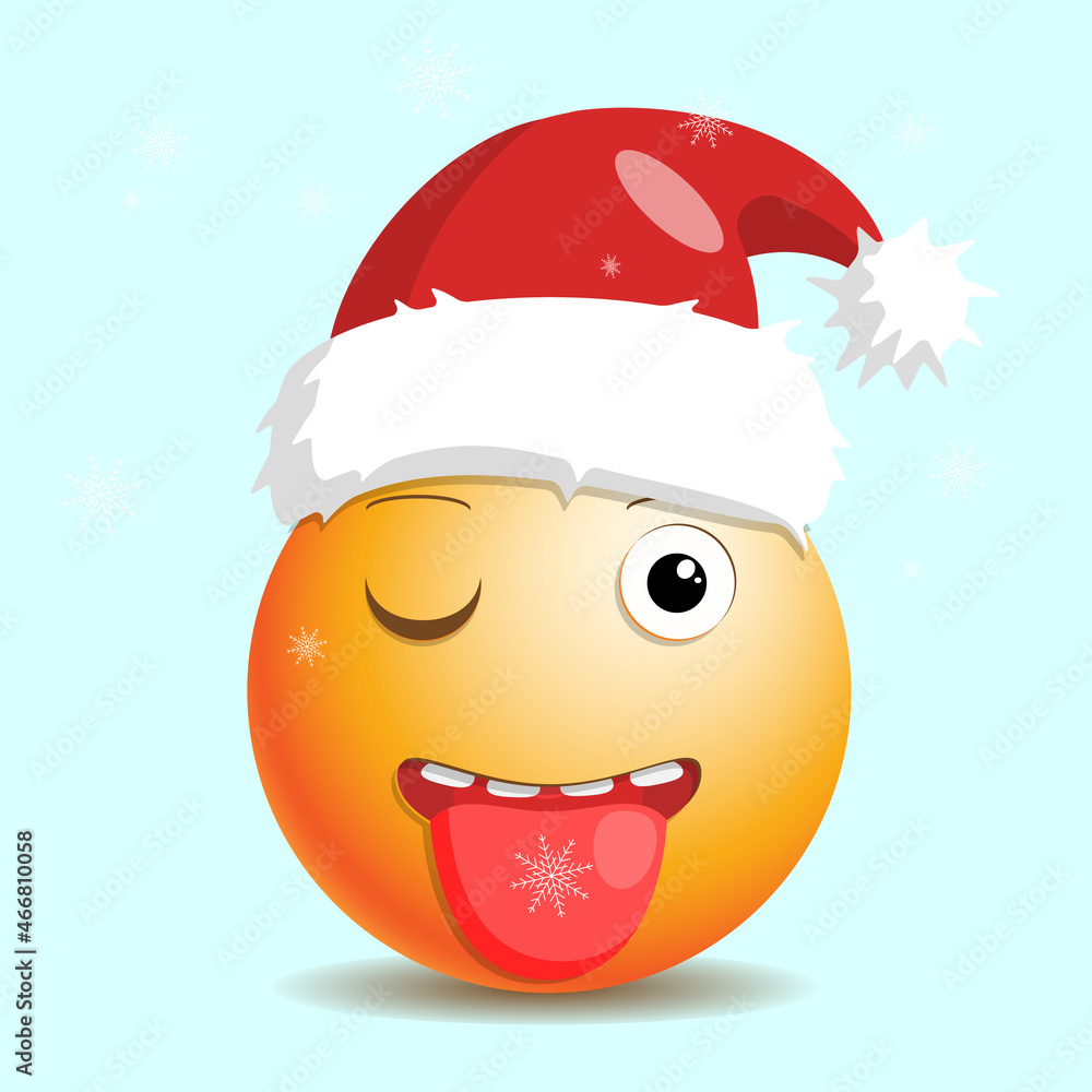 New Year emoji with a santa hat and a snowflake on the tongue. New Year emoji with a santa hat and a snowflake on the tongue.