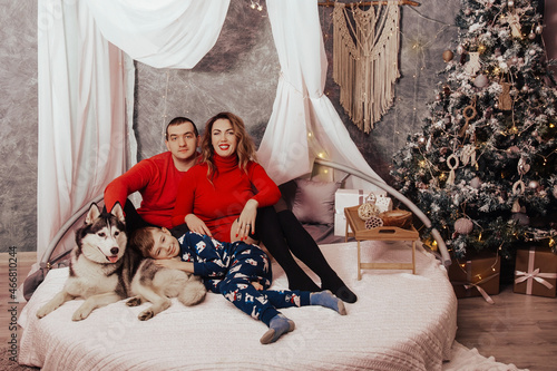 mother, father and little boy with a dog Husky on the background of the Christmas tree