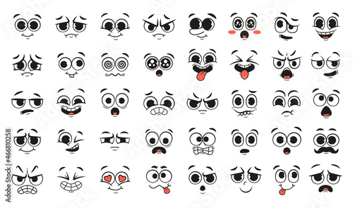 Cartoon faces. With different facial expressions, happy and smiling, with eyes and mouth. Set of comic character emotions, on a white background