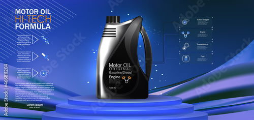 Motor oil canisters and car oil isolated on white background. Auto service and car maintenance concept. Engine oil advertisement background.  Enigne oil bottle. EPS10