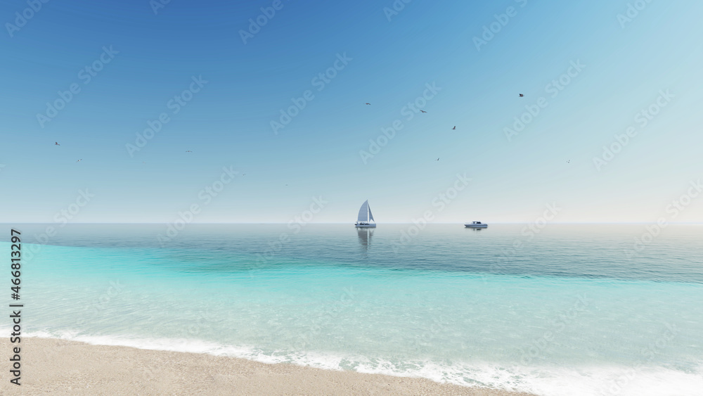 Fototapeta premium 8K ULTRA HD. Beautiful Beach Sea. Scene of Landscape view of Palm at beach. Beach sand on blue sea water clear and sky clear background. 