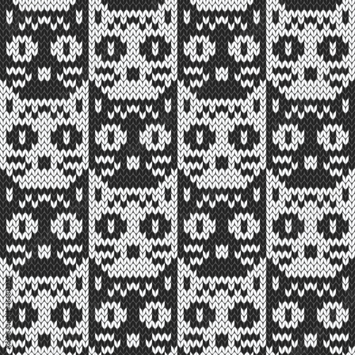 Cats jacquard knitted seamless pattern. Black and white background with cute kitten. Vector illustration.