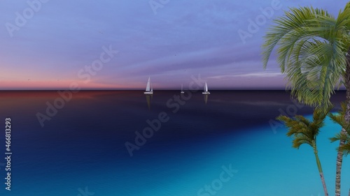 7680x4320. Panorama of sea sunrise  ocean sunrise  seascape. Romantic colorful sunset at the sea. The sun touches horizon. 3d rendering