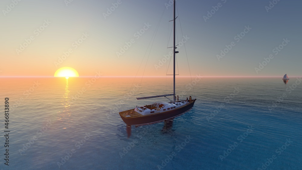 Colorful sunset above the sea surface with sail boats, aerial view. Reflected sun on a water surface. Sunset over ocean. Seascape, Summer and travel vacation concept. 3D Rendering.