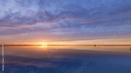 7680x4320. Panorama of sea sunrise  ocean sunrise  seascape. Romantic colorful sunset at the sea. The sun touches horizon. 3d rendering