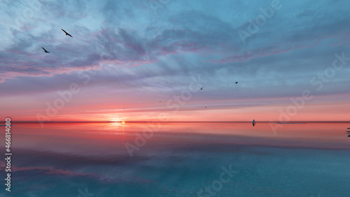 7680x4320. Panorama of sea sunrise, ocean sunrise, seascape. Romantic colorful sunset at the sea. The sun touches horizon. 3d rendering