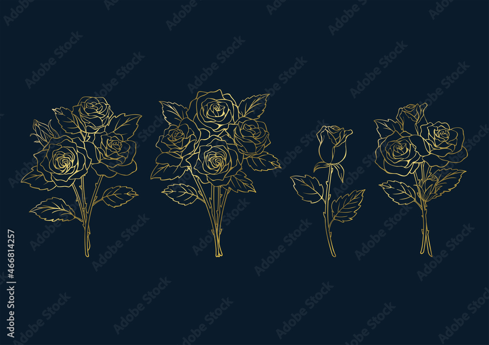 薔薇の花束のイラスト素材 セット ゴールドとネイビーの背景 薔薇の花束のイラスト素材 セット ゴールドとネイビーの背景