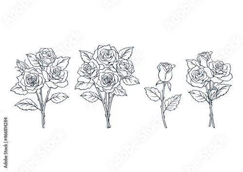 薔薇の花束のイラスト素材　セット　線画
