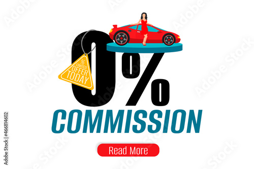 0% commission web banner, promo poster, sale flyer, placard. Special limited offer zero commission car shop landing page. Vector illustration.
