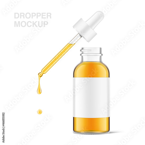 Pipette mockup with dropper bottle isolated on white background. Vector illustration. Front view. Сan be used for cosmetic, medical and other needs. EPS10.	
