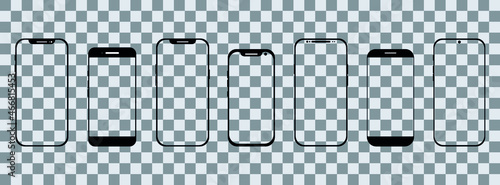 Realistic smartphone models with transparent screens. Smartphone mockup collection. Front view of the device. Cell phone on transparent background - vector illustration.