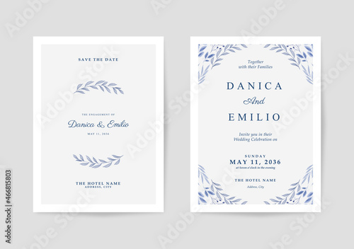 Minimalist and simple wedding invitation with beautiful watercolor leaves