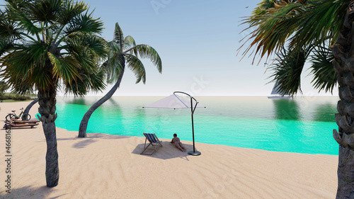 Blue ocean wood sand beach nature tropical palms Island. Caribbean sea and sky. Small wild beach chairs. landscape Island. Palms turquoise sea background Atlantic ocean. 3D Rendering.