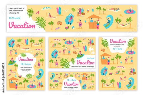 Summer vacation poster and banner templates set. Men and women relaxing at seaside resort, swimming, sunbathing, surfing, resting. Cover brochure with tiny people in flat design. Vector illustration.