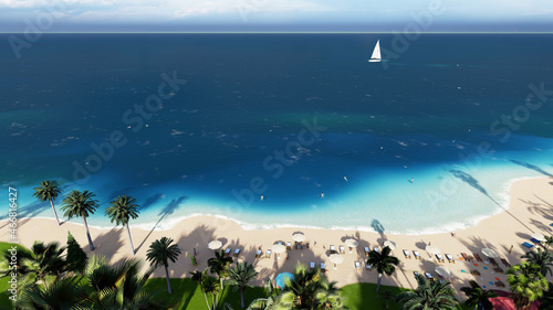 Beautiful tropical daylight scenery, two sun beds, loungers, umbrella under palm tree. White sand,sea view with horizon, calmness and relaxation. Inspirational beach resort hotel drone. 3d rendering. 