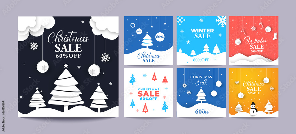 Set Of Editable Post Template Christmas sale holiday banner for social media, advertising, marketing and promotion, modern and abstract minimalist - obrazy, fototapety, plakaty 