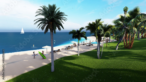 Beautiful tropical daylight scenery, two sun beds, loungers, umbrella under palm tree. White sand,sea view with horizon, calmness and relaxation. Inspirational beach resort hotel drone. 3d rendering.  © adobedesigner