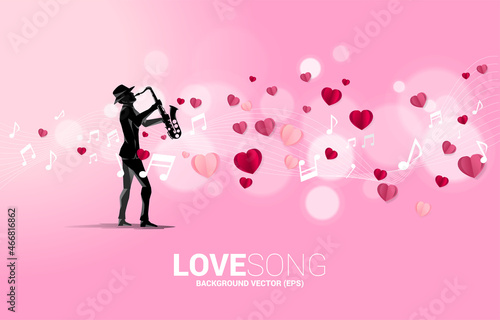 Vector silhouette of saxophonist standing with heart paper art flying. Concept background for love song and concert theme.
