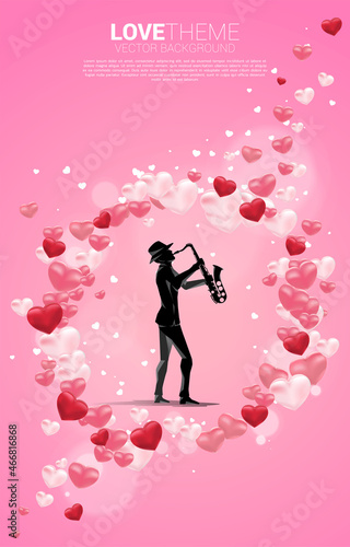 Vector silhouette of saxophonist standing with heart balloon flying . Concept background for love song and concert theme.