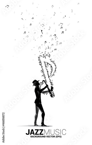 Vector silhouette of saxophonist with music melody note dancing flow . Concept background for classic music concert and recreation.