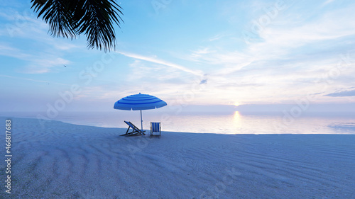 Beautiful tropical dayligt scenery, two sun beds, loungers, umbrella under palm tree. White sand,sea view with horizon, calmness and relaxation. Inspirational beach resort hotel. 3d rendering.
 photo