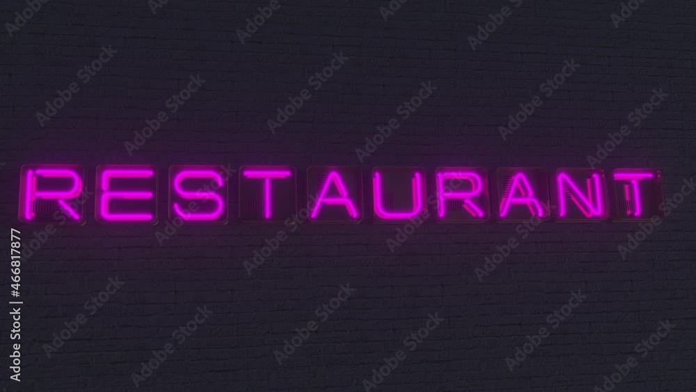 RESTAURANT signboard made with glowing neon letters in the dark. 3D animation RESTAURANT signboard made with glowing neon letters in the dark. 3D animation