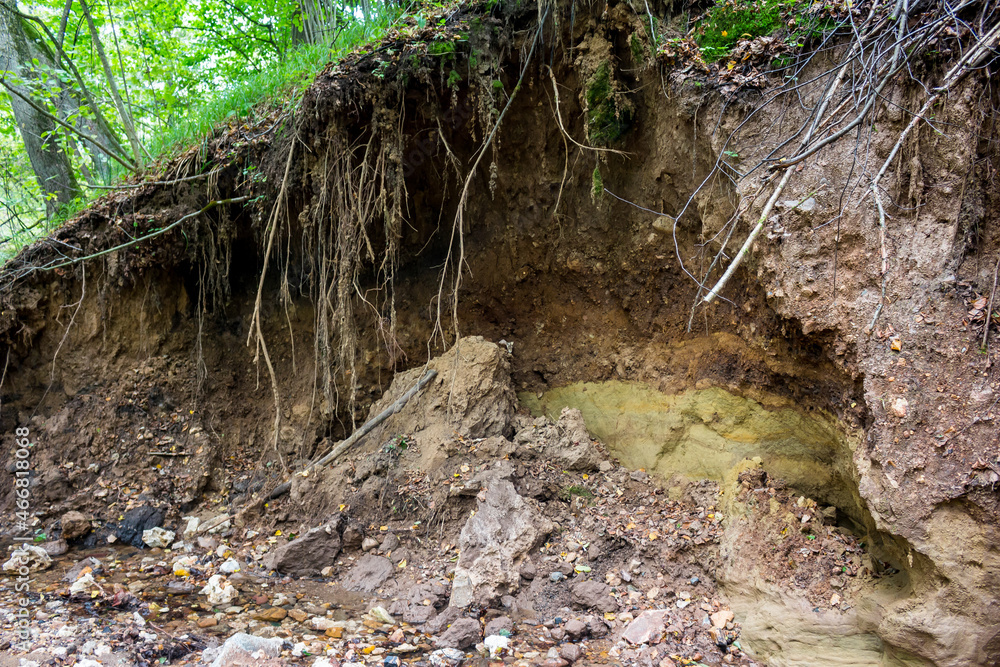 Landslide on the slope of a ravine as a result of erosion by water flow ...