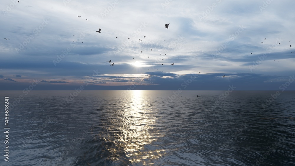Sunset over the sea and beach. Waves washing the sand, 3d rendering. Sunset over the sea and beach. Waves washing the sand, 3d rendering.