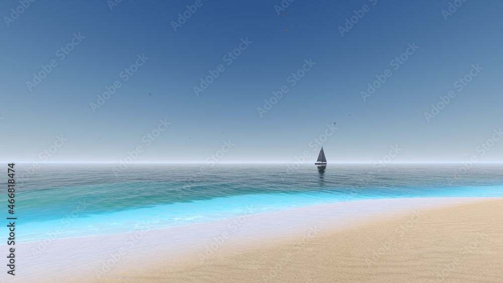 8K Ultra Hd. Beautiful blue sky tropical beach with palm tree and  turquoise beach for travel and vacation in holiday relax time, 3d rendering.