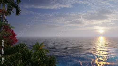 Romantic colorful sunset at the sea. The sun touches horizon. Hawaii sundown beach amazing view. Summer tropical sunset or sundown over the sea landscape. Cloud and waves. 3d rendering. 4k. © adobedesigner