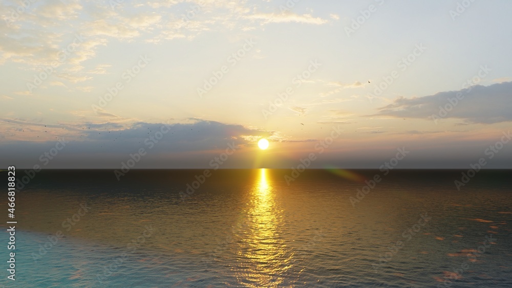 Sunset over the sea and beach. Waves washing the sand, 3d rendering.