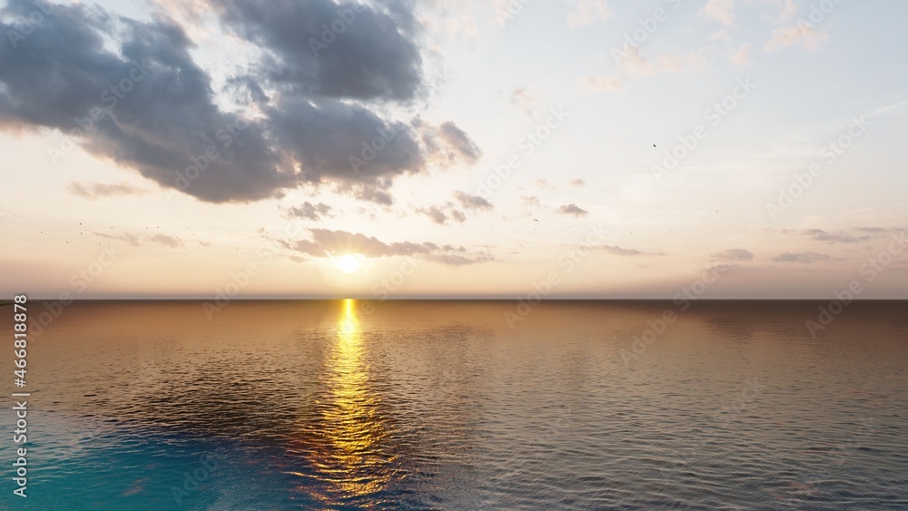 Sunset over the sea and beach. Waves washing the sand, 3d rendering.