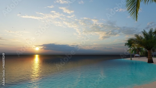 Sunrise over the sea and beach. Waves washing the sand, 3d rendering. 