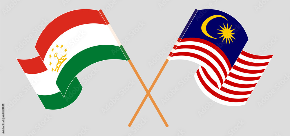 Crossed flags of Tajikistan and Malaysia. Official colors. Correct proportion