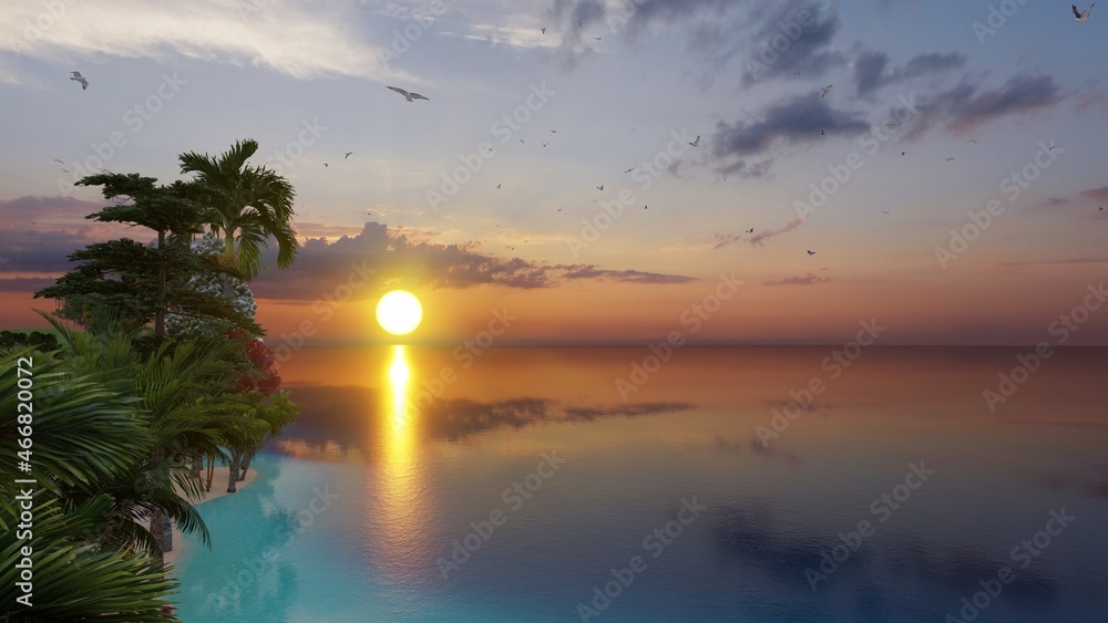 Romantic colorful sunset at the sea. The sun touches horizon. Hawaii sundown beach amazing view. Summer tropical sunset or sundown over the sea landscape. Cloud and waves. 3d rendering. 4k.