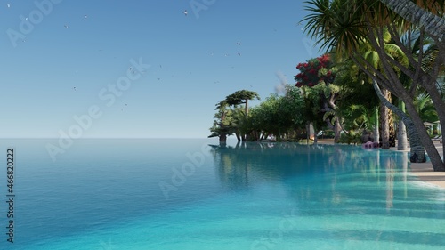8K Ultra Hd. Beautiful blue sky tropical beach with palm tree and  turquoise beach for travel and vacation in holiday relax time  3d rendering.