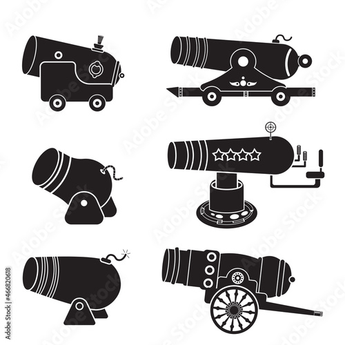 Flat design of medieval cannon firing on a white background. Cartoon concept icon cute style. The subject of war and aggression. Set Vintage gun. vector illustration