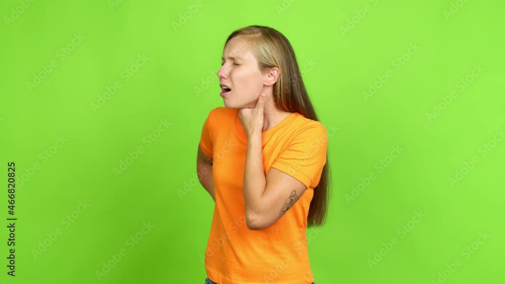 Young blonde girl with sore throat over isolated background. Green screen chroma key Young blonde girl with sore throat over isolated background. Green screen chroma key