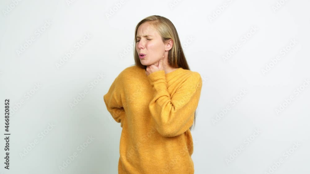 Young blonde girl with sore throat over isolated background Young blonde girl with sore throat over isolated background
