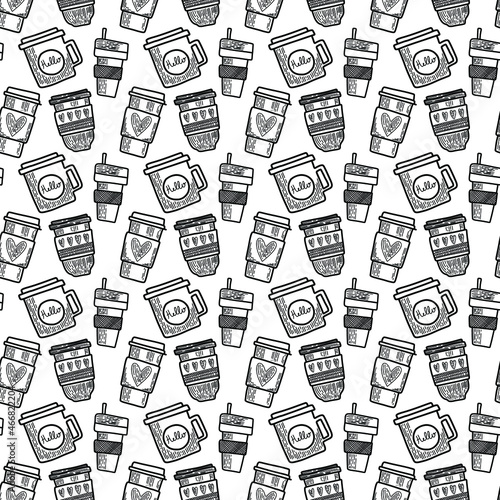 Vector seamless pattern. Outline Illustrations of reusable cups. Coffee and tea mugs for take away drinks. For advertising social media posts printing on paper and fabric.
