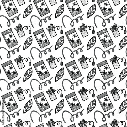 Vector seamless pattern. Outline Illustrations of reusable cups. Coffee and tea mugs for take away drinks. For advertising social media posts printing on paper and fabric.
