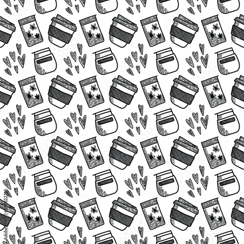 Vector seamless pattern. Outline Illustrations of reusable cups. Coffee and tea mugs for take away drinks. For advertising social media posts printing on paper and fabric.

